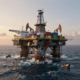 a mutated oilrig, littered with debris from containerships in a roaring ocean at the first light of dawn. Octane render. Kitbashing. HD. Ultra detailed.