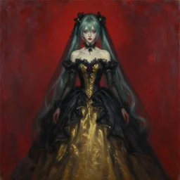 A very soft and dark haunting oil painting portait of Hatsune Miku in a black golden wedding dress, scarlet background, by Antonio Saura and Fernando Zobel, ethereal, evil presence, haunted painting, Tachisme, realism, realistic lighting