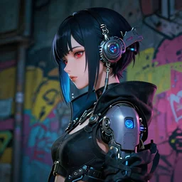cyberpunk anime girl mech, cyberpunk accessory, side view, chill vibe, street night, beautiful face, grafity, arcane, detail, good face, pose model, concept art, in style of yoji shinkawa, pan ren wei, col price, atey ghailan, by greg rutkowski, aesthetic, digital painting, 3 d