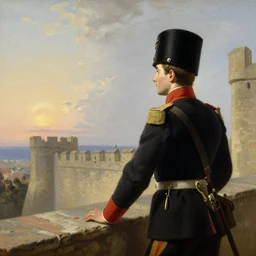 attractive spanish soldier watches the horizon from the top of a castle wall, painting by gaston bussiere, craig mullins, j. c. leyendecker