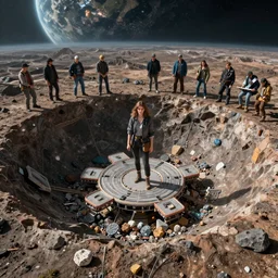 aerial hyperdetailed shot of a gorgeous beautiful girl on ganymede constructing a landing pad inside a crater filled with minerals, planet in the sky by beeple and leesha hannigan and ross tran and thierry doizon and kai carpenter and ignacio fernandez rios and craig mullins, ilya kuvshinov, krenz cushart, artgerm trending on artstation by edward hopper and dan mumford and wlop and rutkovsky, carl spitzweg and moebius, unreal engine 5, lumen, nanite