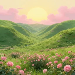 Lush green valley with a rose field pink cloudsbacklit by yellow sun, nostalgic, calming, aesthetic, volumetric, high contrast, vibrant colours, vivid colours, high saturation by greg rutkowski and jesper ejising, wide angle