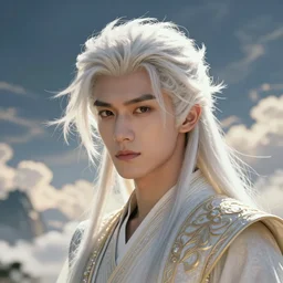 a portrait of a young handsome prince with white fringy hair, epic clouds, beautiful landscape, backlit, incredible lighting, strong rim light, highly detailed, digital painting, HDRI, by Heise Jinyao, Heise-Lian Yan Fang, Feimo, Richard Taddei, vivid colors, high contrast, 8k resolution, intricate, realistic anime, trending on artstation