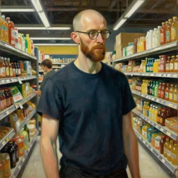 jan van eyck style oil painting of slim tall bald man with glasses and a beard wearing a t - shirt in a busy supermarket