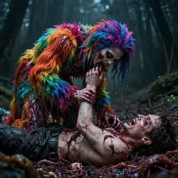a portrait of a beautiful colorful ( flesh - eating ) yamazaku covered in raindow fur, eating the leg of a screaming man, ground covered in maggots, seen from a fractal kaleidoscope, schizophrenic hallucination, fear, morbid, nightmare, supernatural, 8 k, hd photography, highly detailed, chiaroscuro, terrifying