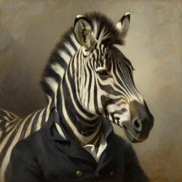 a head and shoulders portrait painting of an zebra wearing a colonial outfit without a hat looking off camera, a character portrait, american romanticism, oil on canvas, soft focus