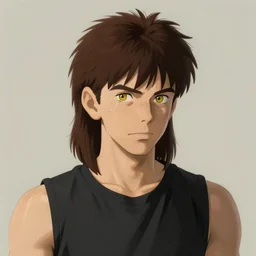 young redneck portrait, mullet, black sleeveless shirt, yellow eyes, art by studio ghibli and greg rutkowski and artgerm and ilya kuvshinov, portrait, d & d, fantasy, highly detailed, digital painting, headshot, trending on artstation, concept art, sharp focus, illustration