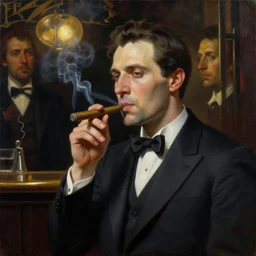 ominous oil matte portrait painting, man in a suit smoking a cigar outside a shady bar in new york, detailed faces, wonderful masterpiece, highly detailed, beautiful cinematic light, deep focus, elegant, smooth, sharp focus, golden ratio, dramatic illumination, ultra realistic, 8 k, art by greg rutkowski, gaston bussiere and caravaggio