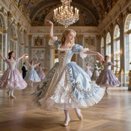 a young girl with blond hair danced in the splendid palace, palace dance, dress in the style of rococo, dreamy, romantic, night lighting, highly detailed, expressive impressionist style, 8 k