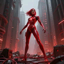 Wanda Maximoff, dynamic pose, standing in a h.r. giger city, red, glowing, wires everywhere, by Edgar Maxence and Ross Tran, Zdzisław Beksiński, and Michael Whelan, distant, gustav dore, H.R. Giger, 8k, octane render
