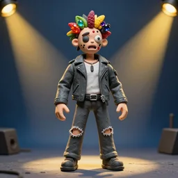 bodyshot of a zombie punk rock star, leather jacket, ripped jeans, head made of fruit gems and flowers in the style of arcimboldo, photorealistic, action figure, clay sculpture, claymation, gray blue and yellow, dramatic stage spotlight lighting