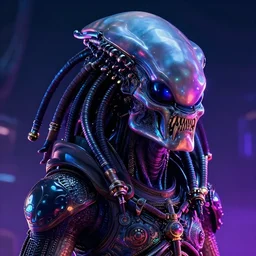 cyberpunk alien portrait, hyper realistic shiny textures 8 k, alien vs predator, synthwave, steampunk intricate details, fluorescent glow, science fiction space horror, unreal engine, dark, heavy shading