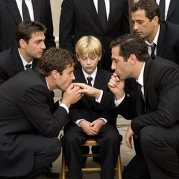 a medium shot photograph of a blonde boy wearing black suits, sitting in the middle of  mafia guys, looking at the adult men kneeing before him kissing his hand, the 2000s, Italy.
