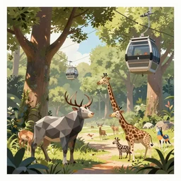 classic polygonal zoo in a park wtih giant trees and a gondola, light dust, magnificent, close up, details, sharp focus, elegant, highly detailed, illustration, by Jordan Grimmer and greg rutkowski and PiNe(パイネ) and 薯子Imoko and 香川悠作 and wlop and maya takamura, intricate, beautiful, Trending artstation, pixiv, digital Art