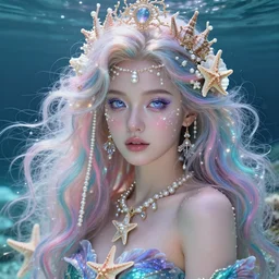 “ blake lively portrait, fantasy, mermaid, hyperrealistic, highly detailed, cinematic lighting, pearls, glowing hair, shells, gills, crown, water, highlights, starfish, goddess, jewelry, realistic, digital art, pastel, magic, fiction, ocean, game, queen, colorful hair, sparkly eyes ”