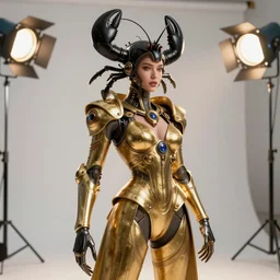 complex 3 d render, ultra detailed, beautiful natural light, studio lights, rim light, white studio, fascinating female, 1 5 0 mm lens, golden outfit with black head piece as lobster, solarpunk, elegant, hyper realistic, ultra detailed, octane render, h. r. giger style, volumetric lighting, 8 k post - production