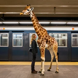 giraffe mixed with human hybrid creature, in new york subway station, 4 k hdr 1 0 0 mp camera