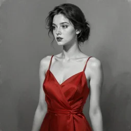 beautiful woman in evening dress looks thoughtfully to the side, grayscale painting with red dress, highly detailed portrait, digital painting, artstation, concept art, smooth, sharp foccus ilustration, Artstation HQ