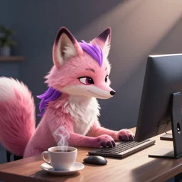 Light pink anthropomorphic fox with purple hair typing at a computer on a desk with a coffee cup steaming next to it