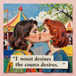 two women kissing at a carnival in spring, mixed media collage, retro, paper collage, magazine collage, acrylic paint splatters, bauhaus, claymation, layered paper art, sapphic visual poetry expressing the utmost of desires by jackson pollock