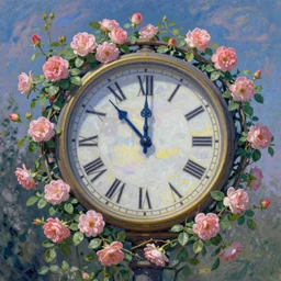 Clock,Rose twining,prayer,out of time and space,dreamy, eternity, romantic, epic, artstation, highly detailed, in the style of Monet