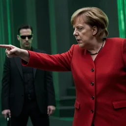 Dramatic action shot of Angela Merkel fighting Neo in the matrix movie