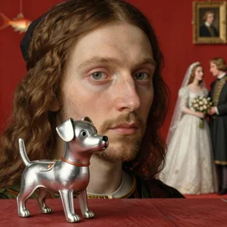 medieval jan van eyck closeup face portrait of a tin toy dog with a tin toy cat marriage portrait, nicoletta ceccoli, mark ryden, lostfish, max fleischer, depth of field, detailed and intricate red square environment, 8 k resolution, hyperrealistic, octane render