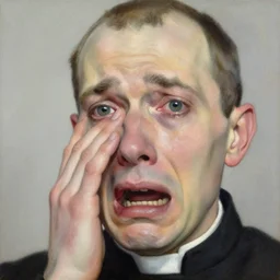 high quality high detail painting by lucian freud, hd, priest crying, big eyes, muted pastel colors, photorealistic lighting