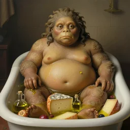 obese ancient creature looking straight at camera, sitting in a bathtub full of food, by fernando botero, cheese, oliven oil, grease, food, intricate details
