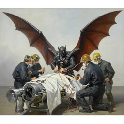 oil painting of 3 0 0 0 battle of bat wing machine in surgery equipment entanglement by alberto bontempi, shigeru komatsuzaki, wayne d barlowe, alex ross, enric torres, simon bisley & boris vallejo, hyper realism, cinematical, narrative light, low grey scheme colors, muted colors, epic, hyper detailed, awe inspiring, award