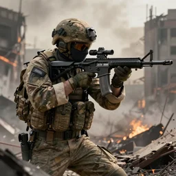 A soldier with a M40A3 rifle, in a crumbling smouldering cityscape, detailed, 4k, award winning, render