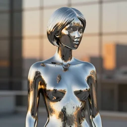 a photo of a chrome woman by hajime sorayama, 4 k, golden hour, ƒ / 8, focal length : 5 0 mm, hyper detailed