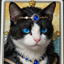 hyperrealistic detailed portrait of cat boss, fantasy, D&D, black hair, blue eyeball, blue jewellery, soft features, elegant, artstation, intricate details, tarot card, cinematic, vibrant
