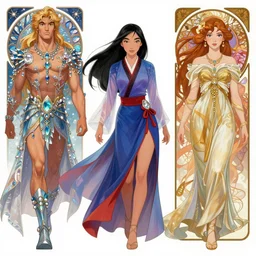 Character concept fashion spot illustrations of Disney's Hercules and Mulan  mashup, color theory, color triads, full-body, bloom, dynamic poses, diaphanous cloth, ornate crystalline and feather jewelry, ornate, filigree, arcane, cinematic lighting, by Artgerm, by Alphonse Mucha, by Bouguereau, by Sakimichan, fantasy, portfolio illustration, highly detailed, trending on Artstation, CGsociety, HQ, 8k, 35mm lens, f2.8, Bokeh,