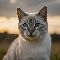a light gray cat with dark gray specks and blue eyes, backlighting, golden hour, art by Kenne Gregoire and Paul Gustav Fischer