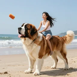 girl riding a giant saint Bernard at the beach playing fetch, trending on artstation