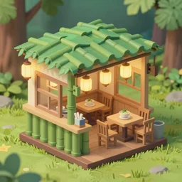outside view of miniature classy bamboo ramen shop with chinese lamps, table and chairs, situated in an enchanted forest, studio ghibli style, hayao miyazaki drawings, spirited away, clean, low poly art, detailed, isometric view, artstation, behance, global illumination, 3 d illustration, kawaii, pastel colors
