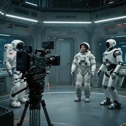 vfx film, behind the scenes, on set, set design, making of, big film production, camera filming futuristic astronaut talking with spacex humanoid robots, high tech space ship interior, flat color profile low - key lighting award winning photography arri alexa cinematography, hyper real photorealistic cinematic, atmospheric cool colorgrade
