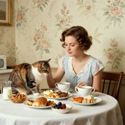 a girl has breakfast with her cat at the table filled with food, flowery wallpaper, 1 8 8 0 s style, professional photography, color