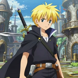 young blonde boy thief with daggers in a steampunk city, full metal alchemist, anime style