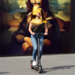 a young woman wearing jeans and sneakers riding an e - scooter!, looks like mona lisa, sharp focus, hyper realistic, centered, extremely detailed, long shadows, a painting by leonardo da vinci