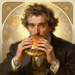 painted portrait of celery man eating a massive hamburger, mature, handsome, fantasy, intricate, elegant, highly detailed, digital painting, artstation, concept art, sharp focus, illustration, illumination, holy ethereal light, art by gaston bussiere and alphonse mucha
