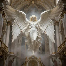 a beautiful rococo chapel, in the center is a gorgeous massive ethereal angel with white feathered wings, symmetrical composition, intricate oil painting, ethereal, misty, dramatic lighting, amazing depth, 8 k, octane render, by ruan jia and jeremy mann and alphonse mucha