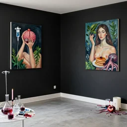 an empty apartment with black walls and a portrait of a female art student holding a brain, intravenous drip, pomegranate, seaweed, organic, sensual, pancakes, berries, octopus, surgical supplies, scientific glassware, art materials, candles, berry juice drips, neo - expressionism, surrealism, acrylic and spray paint and oilstick on canvas