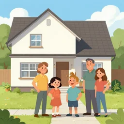 illustration happy family near new house, real estate, by nuri iyem, james gurney, james jean, greg rutkowski, anato finnstark, perfect faces