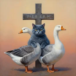 painting of cross between cat & goose, intercrossed animal, by tiffany bozic, by corine perier, by zdzislaw beksinski, amazing details, cold hue's, warm tone gradient background, concept art, beautiful composition, digital painting