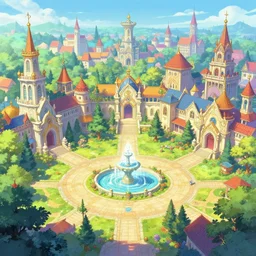 A wide open courtyard in a beautiful, colorful elven city made of ivory, saturated colors, no haze, anime, lush trees, fountain, a fantasy digital painting by James Gurney, trending on Artstation, highly detailed