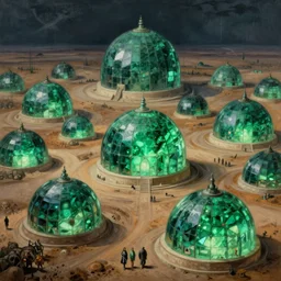 hyper detailed painting of giant glowing emerald domes, sprawling across majestic parched plains, by francisco goya and rembrandt, unsettling, mysterious, by stephan martiniere and alexander fedosav, hyperrealism, 8 k resolution, behance hd, artstation, nightcafe