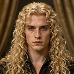Viserys Targaryen in rapture, symmetrically parted curtain bangs, long curly blond hair, very detailed sharp angular masculine face, hooked nose and square jaw long fluffy curly blond hair, long light curly blond hair, gorgeous, beautiful, intricate, highly detailed, digital painting, artstation, concept art, sharp focus, illustration, art by greg rutkowski and alphonse mucha