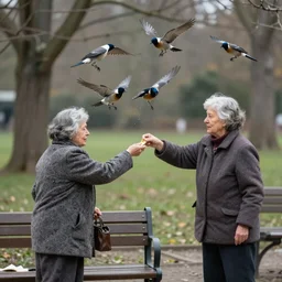 an old woman feeding birds in the park who is being attacked by all the birds